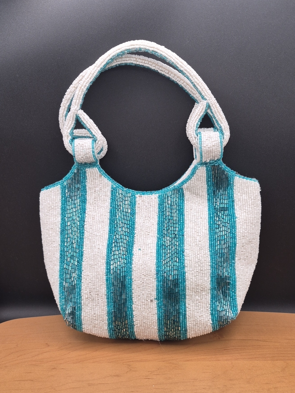 India Handcrafted Glass Beaded Stripe Shoulder Bag Tote Teal White Viral